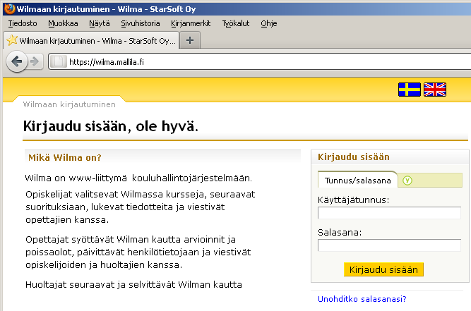 StarSoft WILMA Käyttöohje huoltajille 1. Kirjautuminen Wilmaa käytetään internetselaimella. Avaa selain (esim.