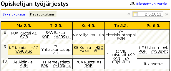 Työjärjestys Tässä osiossa voi tarkastella oppilaan työjärjestystä jaksoittain. Työjärjestyksen yläpuolella on linkit toiselle jaksolle siirtymistä varten.