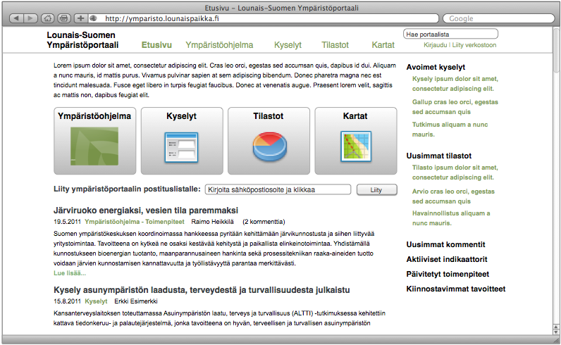 2 Portaalin rakenne Portaalin käyttöliittymäsuunnittelussa päädyttiin jakamaan portaali viiteen eri osa-alueeseen: etusivu, ympäristöohjelma, kyselyt, tilastot ja kartat.