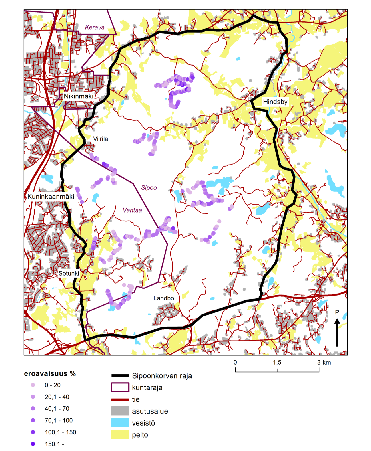 Liite 1. Havaittujen ja ennustettujen arvojen välinen ero prosentteina GLM-metsätyyppileveys -mallissa.