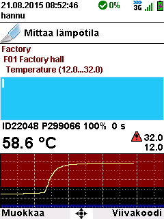 Oikealla toimintonäppäimellä käynnistetään viivakoodinlukija, jolla voidaan lukea Ovasenseanturikahvan sarjanumero päätteeseen liittämistä varten tai mittauspistevalintaviivakoodi.