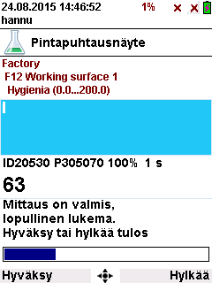 Pintapuhtausnäyte (sovellus Ovahygi-luminometrille) Tällä sovelluksella tallennetaan ja lähetetään Ovahygi-luminometillä mittaustulos. Lisäksi voidaan syöttää mittaustapahtumaan liittyviä lisätietoja.