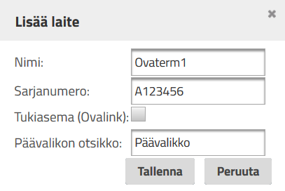 Uuden käsipäätteen tunnistetiedot Tämän jälkeen lisättävän päätteen tiedot syötetään avautuvaan ikkunaan ja napsautetaan Tallenna: Nimi Ovaport-ohjelman sisällä pääte tunnetaan tähän kenttään