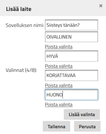 Seuraavassa kuvassa on esimerkki valmiiksi rakennetusta päävalikosta jossa on kaikki 12 erilaista sovellusta: Päävalikkoon lisättyjen sovellusten keskinäistä järjestystä voidaan muuttaa Ylös ja Alas