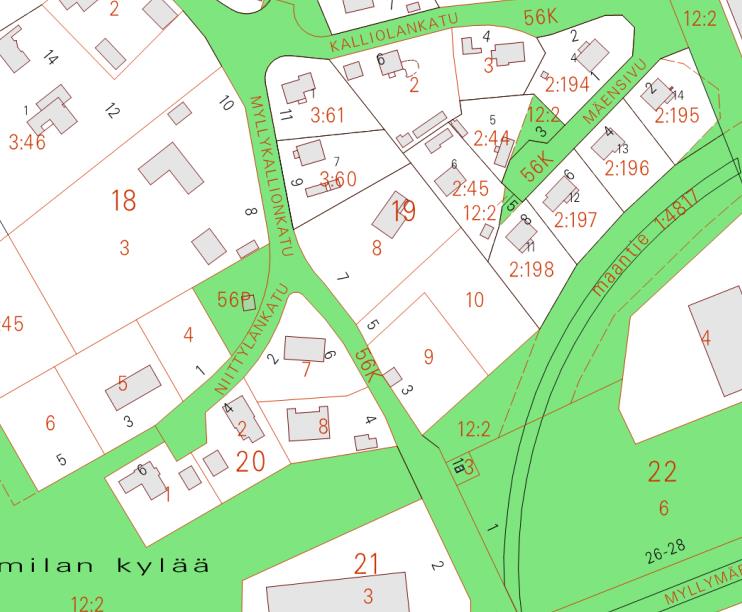 14 (25) 3.1.7 Maanomistus Suunnittelualueen omistavat asuntoosakeyhtiöt (Asunto Oy Lappeenrannan Myllykallionkatu 3, Asunto Oy Lappeenrannan Myllykallionkatu 5, Asunto Oy Lappeenrannan Myllykallionkatu 7).