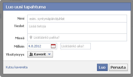 c. Anna tapahtumalle nimi ja tietoa tapahtumasta. Valitse seuraavaksi päivämäärä, kellonaika, paikka ja osallistujat.