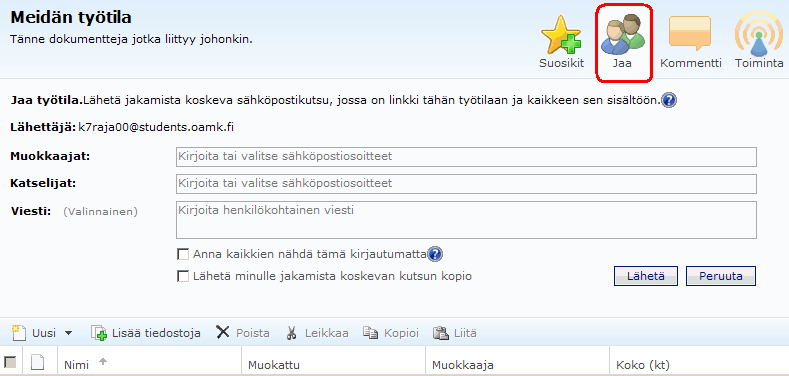 3.2. Työtilatoiminnot 3.2.1.Suosikit -painike lisää työtilan selaimen suosikkeihin kuten mikä tahansa Internet-sivu lisättäisiin. 3.2.2.Jaa-painike avaa seuraavanlaisen näkymän.