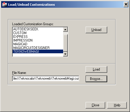 AutoCAD 2008-2009 käyttäjä: Kun käytät ensimmäistä kertaa Teknocalor MagiCAD liitosohjelmaa, niin lataa toolbar (TeknocalorMagi.cui) manuaalisesti.