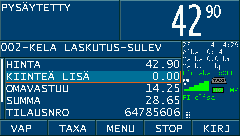 Valitse POIMI ASIAKAS ja paina <OK> Valitse asiakas paluumatkalle ja paina <OK> ODOTUS-taksalla taksamittari mittaa vain odotusaikaa. Autoa voi siirtää.