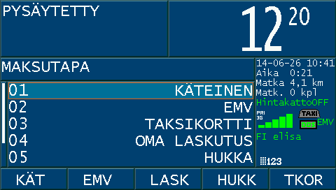 Maksutavan valinta Mittarin ollessa PYSÄYTETTY tilassa valitse maksutapa, joko pikavalintanäppäimillä <KÄT> (käteinen) <EMV> (pankkimaaliman siru- ja magneettiraitakortit) <LASK> (oma laskutus)