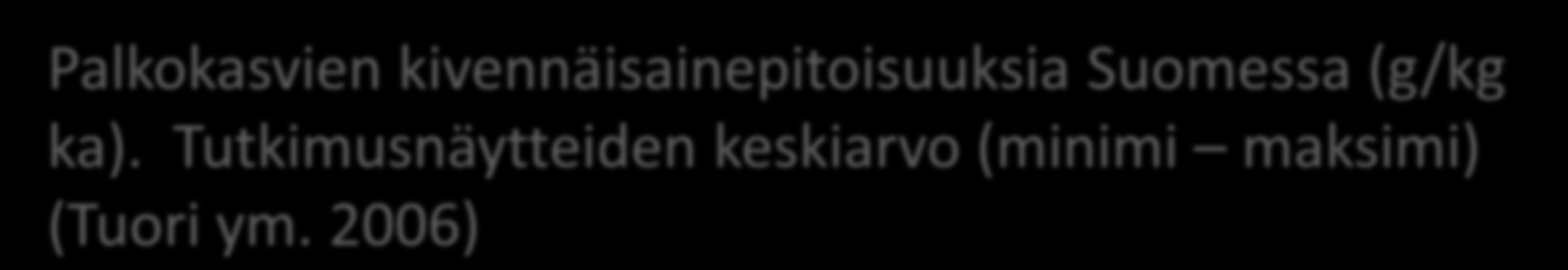 Palkokasvien kivennäisainepitoisuuksia Suomessa (g/kg ka). Tutkimusnäytteiden keskiarvo (minimi maksimi) (Tuori ym.