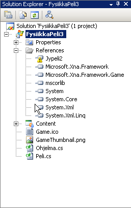 Avaa Visual Studion Solution explorerissa References-kansio painamalla sen vieressä olevaa pientä plus-merkkiä. References-kansiossa näkyy projektiin liitetyt kirjastot.