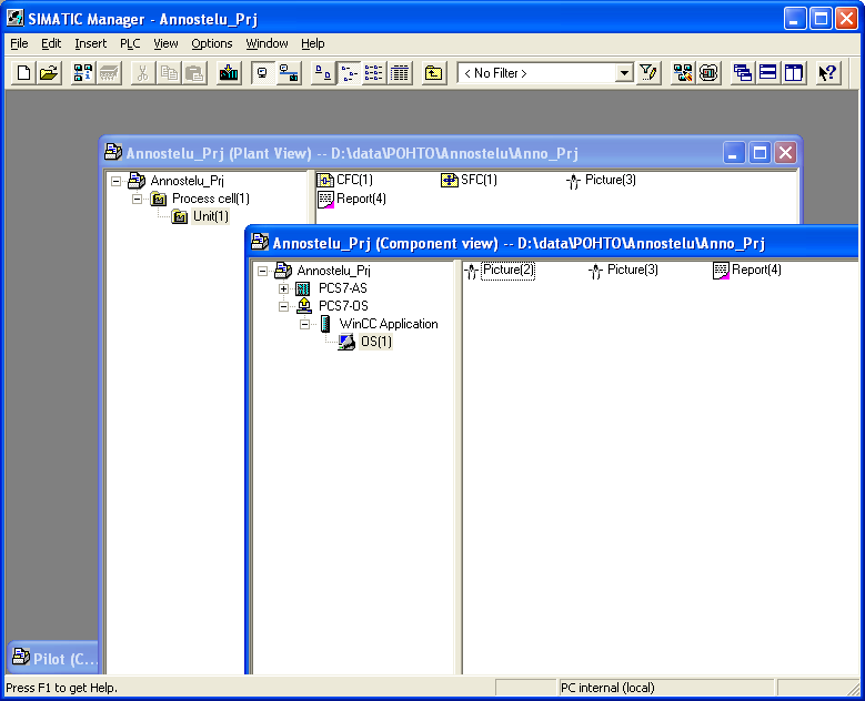 - Nimeä simatic managerin component view valikossa logiikka PCS7-AS ja valvomo PCS7-OS, Nämä nimet ovat nähtävissä station configuration editorissa, varmista, että