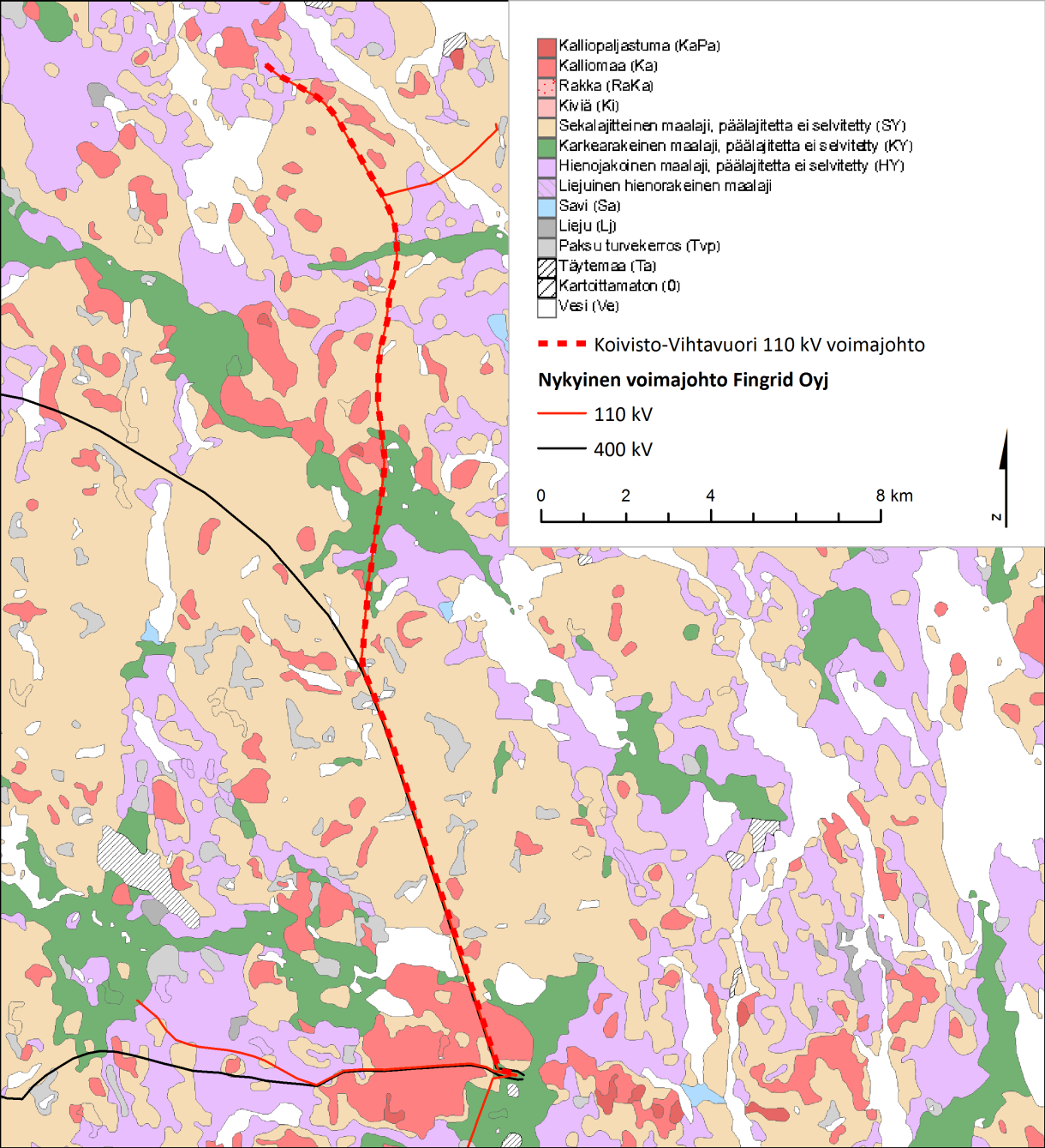 FCG SUUNNITTELU JA TEKNIIKKA OY Ympäristöselvitys 18 (54) Maaperä johtoreitillä on GTK:n (2010) paikkatietoaineistojen perusteella pääosin moreenia (sekalajitteinen maalaji) (kuva 6.2).