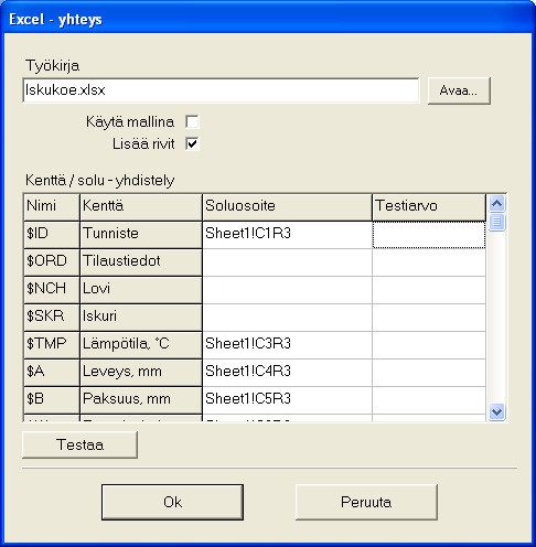 4.2 Excel - yhteys Ikkunassa määritellään Excel yhteydessä tarvittavat tiedot. Työkirjaa voidaan käyttää joko sellaisenaan tai uuden työkirjan mallina.