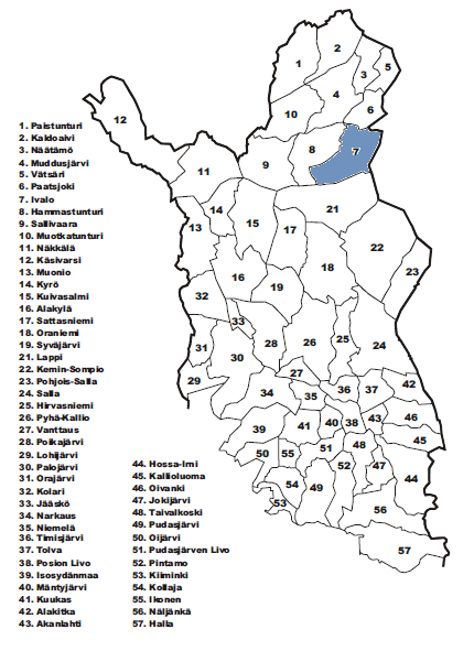 5 Kuvio 1. Ivalon paliskunnan sijainti kartalla (mukaillen Nieminen Törrönen 2003, 5) Ivalon paliskunta sijoittuu poronhoitoalueella poronhoidon erityisalueelle ja samalla saamelaisalueelle.