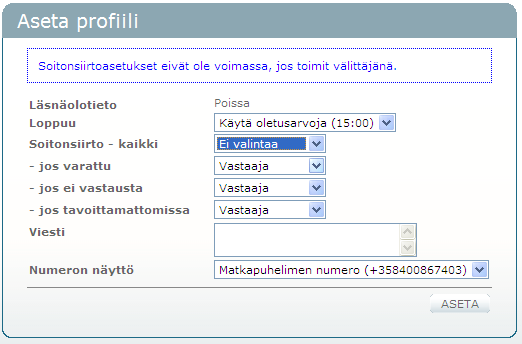 14.4.2011 11 (44) Määrittele kesto: käytä joko oletusarvoa tai syötä päivämäärä ja kellonaika valitsemalla Loppuualasvetovalikosta kohta määrä. Määrittele soitonsiirtoasetukset.