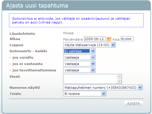 14.4.2011 13 (44) Soitonsiirrot voidaan määritellä seuraavasti: Ei valintaa, ei soitonsiirtoa. Vaihdenumero, puhelut siirretään ensisijaiseen vaihdenumeroon.