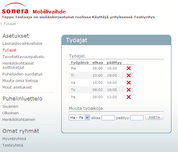 14.4.2011 16 (44) Valitse lähtevän numeron näyttömuoto alasvetovalikosta. Tallenna päivitetty läsnäolovaihtoehto napsauttamalla VAHVISTA-painiketta. Päivitys tulee voimaan heti. 3.1.3 Työajat Työaikoja käytetään automaattiseen kahden läsnäoloprofiilin välillä vuorottelemiseen: työ ja koti.