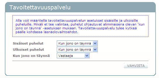 14.4.2011 19 (44) 3.3.1 Tavoitettavuuspalvelun asetukset Valitse Tavoitettavuuspalvelu-aihe nähdäksesi voimassa olevat asetuksesi.