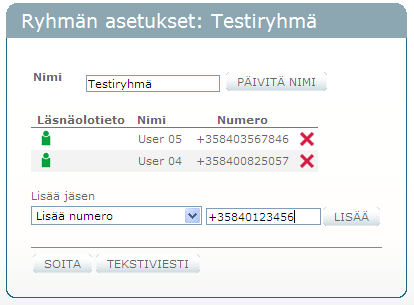 14.4.2011 37 (44) Napsauta LISÄÄ-painiketta lisätäksesi käyttäjät/kontaktit. Anna ryhmälle nimi Nimi-kenttään. Napsauta PÄIVITÄ NIMI -painiketta tallentaaksesi nimen ja ryhmän. 5.1.2 Ulkoisten numeroiden lisääminen Valitse Lisää numero -alasvetovalikosta vaihtoehto Etsi nimellä tai numerolla.