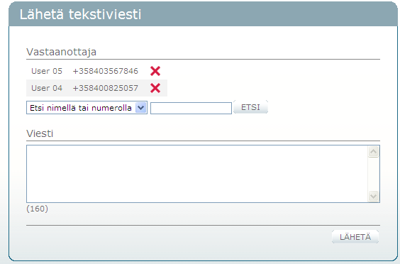 14.4.2011 40 (44) 5.4 Ryhmätekstiviestin lähettäminen Valitse ryhmä Omat ryhmät -aiheen alta. Napsauta TEKSTIVIESTI-painiketta. Lähetä tekstiviesti -näkymä avautuu.