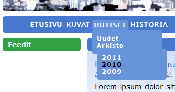 7 Alasvetovalikko Seuraavaksi sivun valikon toiminnallisuutta laajennetaan lisäämällä siihen alasvetovalikot, jotka tulevat näkyviin, kun hiiren osoitin viedään valikon painikkeiden päälle.