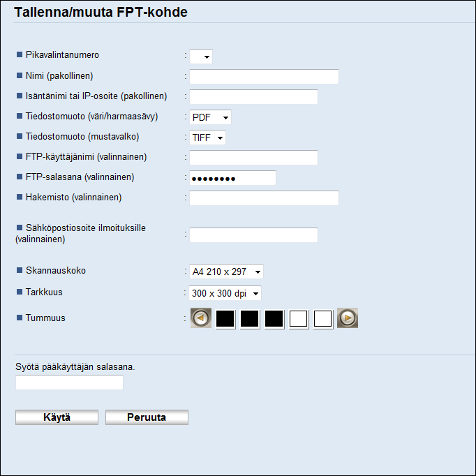 5. Alkuperäisten skannaaminen FTP:lle skannauksen asetukset Kohta Asetus Kuvaus Pikavalintanumero Nimi Lisävaruste Pakollinen Valitse tämä, kun kohde tallennetaan pikavalintakohteeksi. Kohteen nimi.