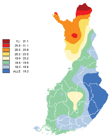 77 Kuva 4. 50-vuoden toistuvuustasot 10 m tuulelle. Arvot on laskettu ERA-40 aineistosta. ERA:n hilaruutuarvot on interpoloitu 1km*1 km hilaruudukkoon.