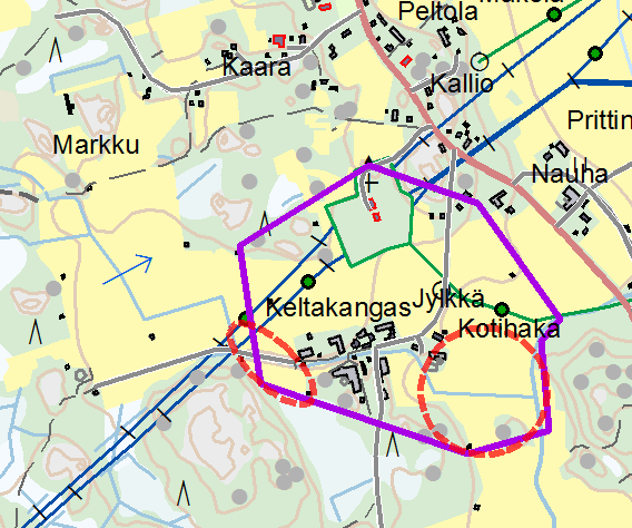 KALAJOEN KAUPUNKI 65 Sähköasema. Voimajohto. Kuva 29. Arvio tuulivoimaloiden näkymisestä Jylkän taloinpoikaistilan ympäristöön (RKY-alueen rajaus violetilla).