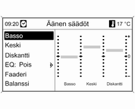 122 Infotainment-järjestelmä Arvon asettaminen Toiminnon kytkeminen päälle tai pois Avaa kyseinen asetusvalikko painamalla MENU -nuppia. Käännä MENU -nuppia muuttaaksesi asetuksen kulloistakin arvoa.