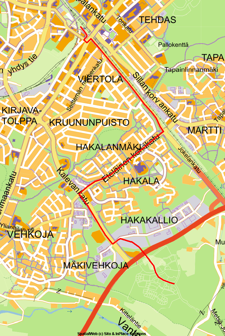 Kuva 13. Vaihtoehto 1: linja 4M Hakalan kautta Metsäkaltevaan (OILI-paikkatietopalvelu 2012).