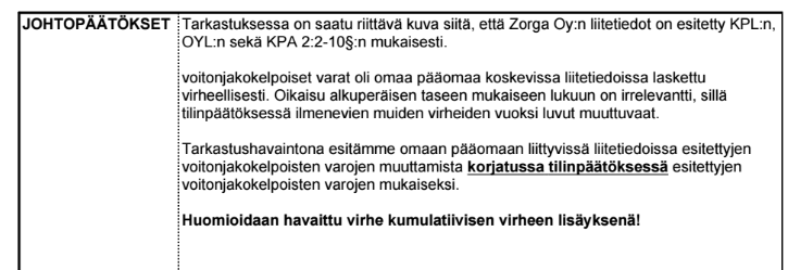 Taulukko 6. Liitetietojen tarkastuksen työpaperi Zorgan tarkastuksessa ei ollut tarkastettavana asiana tasekirjaa.