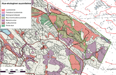 Kuva 6.6. Lieksan alue-ekologinen suunnitelma Sinivaaran vanhojen metsien ja Natura-alueen ympäristössä. Vihreä pisteviiva on Natura-alueen raja.