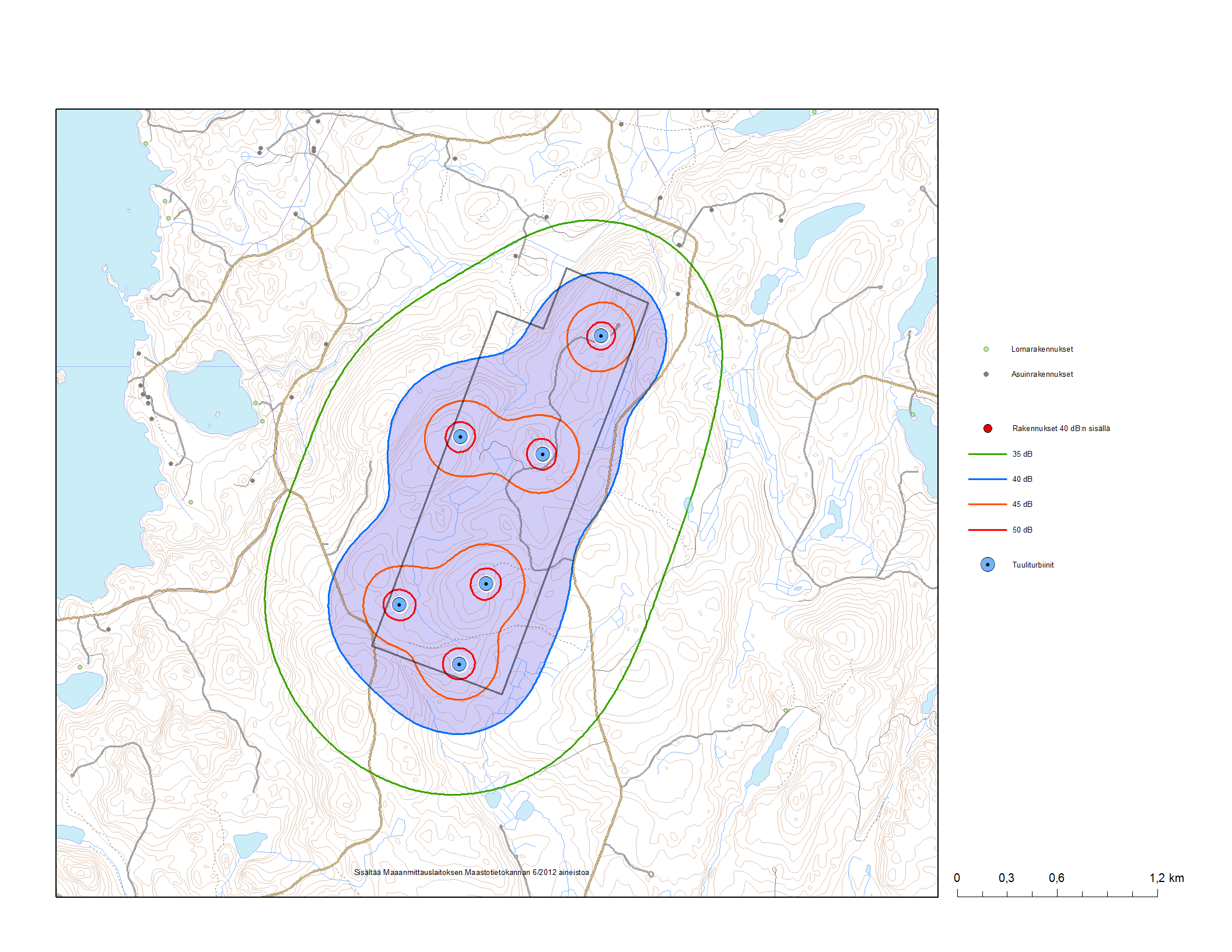 Kuva 3: Keskiäänitasot tuulipuiston ympäristössä turbiinin lähtömelutasolla 102 db(a).