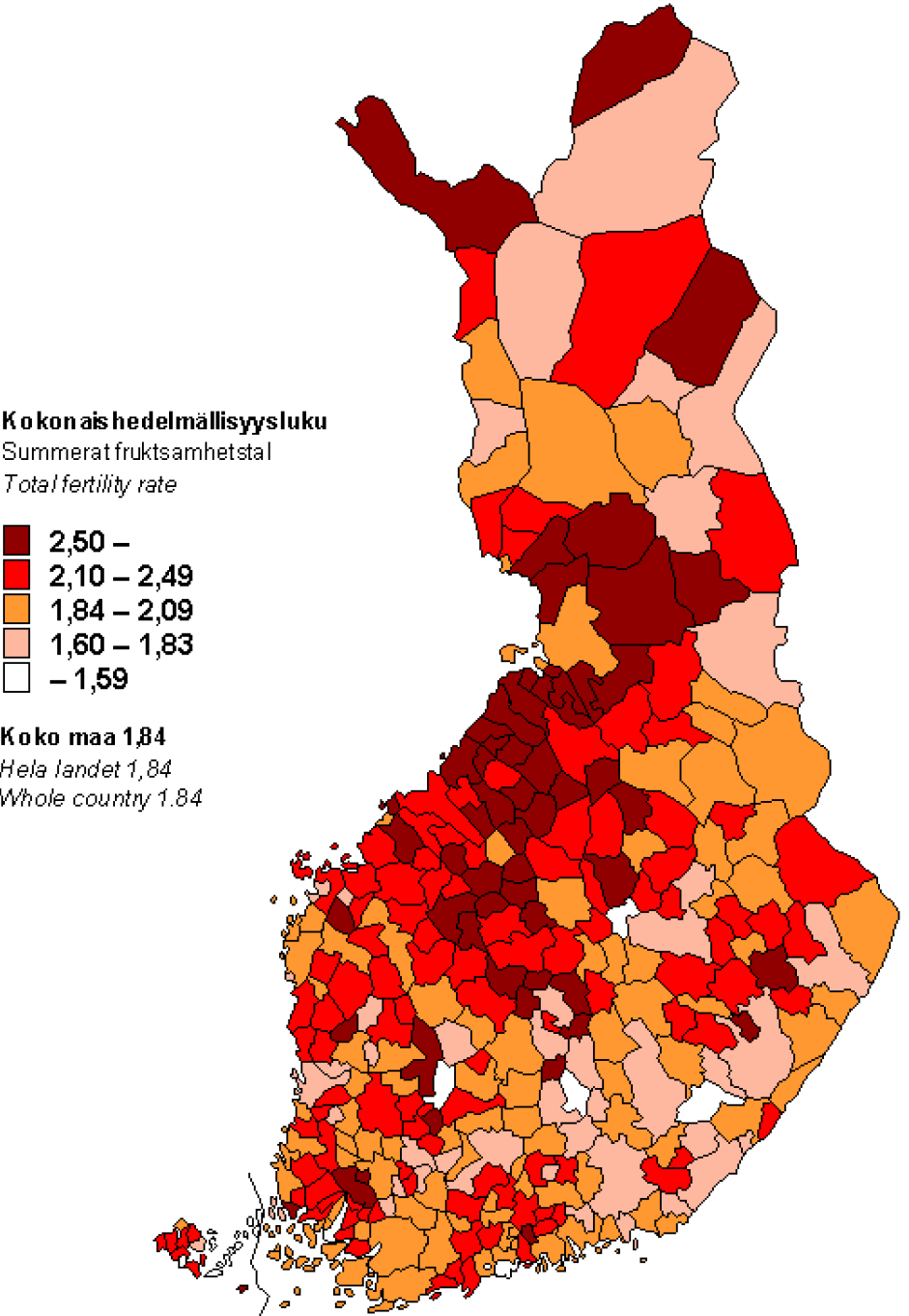 Kokonaishedelmällisyysluku kunnittain 2008-2012 Lähde: