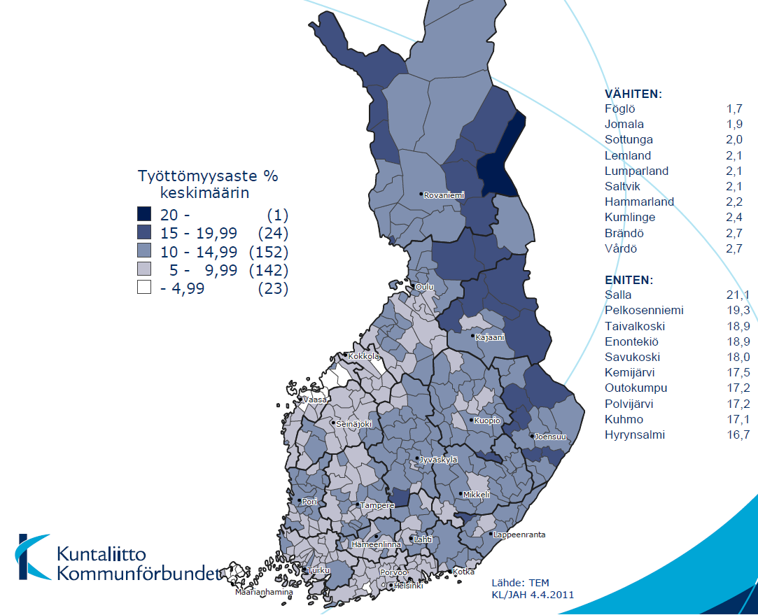Työttömien osuus työvoimasta kunnittain