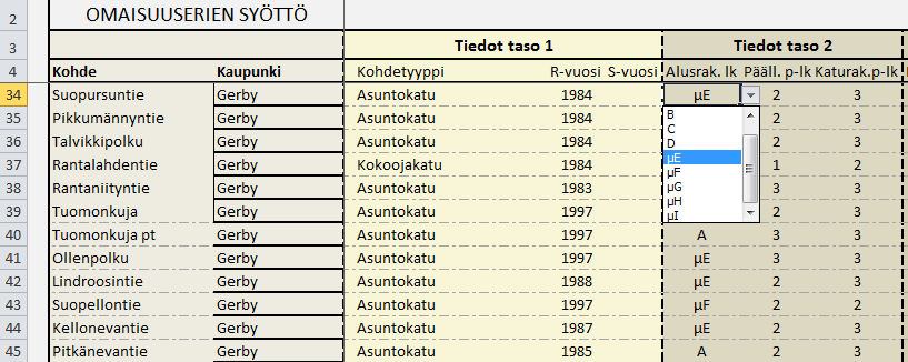 LIITE 1 13(15) 3. Tiedot taso 2: a. Alusrakenneluokkaan merkitään omaisuuserän maalajin (kallio, moreeni, hiekka, siltti, savi yms.