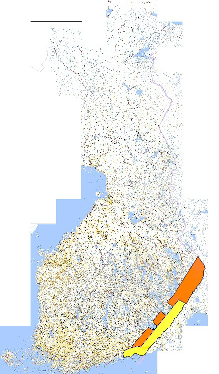 Kuva 1. Raivotaudin syöttirokotteiden levitysalue. Alkuperäinen alue keltaisella ja syksyllä 2011 laajennettu alue oranssilla.