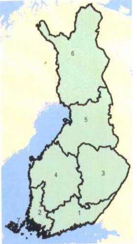 Alue Alue Sieniä Marjoja Kaloja Riistaa Yhteensä kartalla, kuva 5 Etelä-Suomi 1 53 25 35 10 123 Lounais-Suomi 2 109 55 6 6 176 Itä-Suomi 3 60 39 35 34 168 Länsi- ja Sisä-Suomi 4 56 77 19 38 190