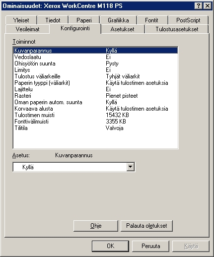 2 Käyttö Windows 95/98/Me -ympäristössä Konfigurointi-välilehti Tässä kuvataan Konfigurointi-välilehden asetukset.
