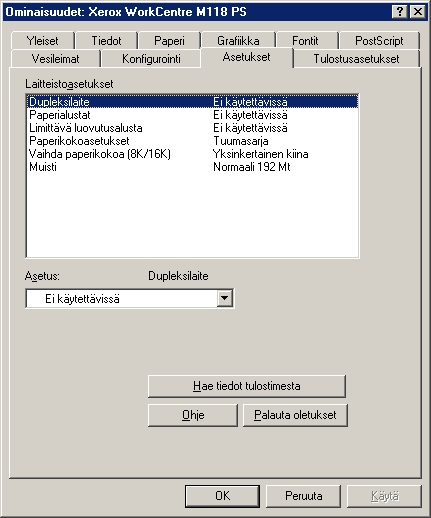 2 Käyttö Windows 95/98/Me -ympäristössä Asetukset-välilehti Tässä kuvataan Asetukset-välilehden asetukset. Valitse kohde ja muuta valitse sitten sen asetus luettelon alla olevasta valikosta.