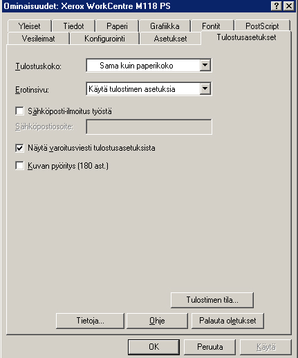 2 Käyttö Windows 95/98/Me -ympäristössä Tulostusasetukset-välilehti Tässä kuvataan Tulostusasetukset-välilehden asetukset. Asetukset HUOM.