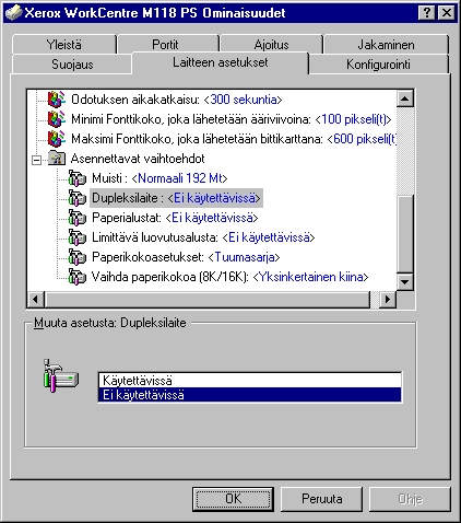 3 Käyttö Windows NT 4.0 -ympäristössä Laitteen asetukset -välilehti Tässä kuvataan Asennettavissa olevia vaihtoehtoja Laitteen asetukset -välilehdellä.