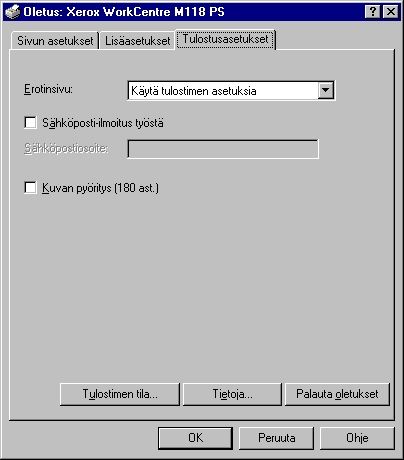 3 Käyttö Windows NT 4.0 -ympäristössä Tulostusasetukset-välilehti Tässä kuvataan Tulostusasetukset-välilehden asetukset. HUOM. Voit palauttaa oletukset napsauttamalla [Palauta oletukset]-painiketta.