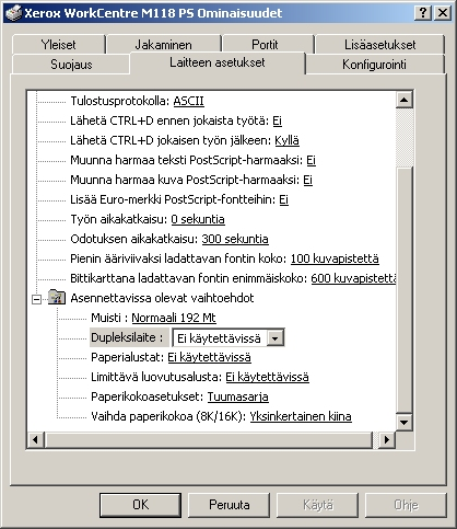 4 Käyttö järjestelmissä Windows 2000, Windows XP ja Windows Server 2003 Laitteen asetukset -välilehti Tässä kuvataan Asennettavissa olevia vaihtoehtoja Laitteen asetukset -välilehdellä.