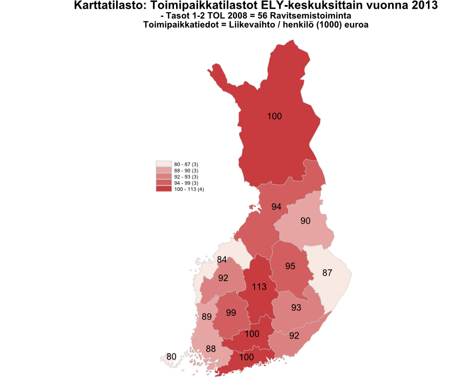 Kuvio 10. Ravitsemistoimialan (TOL 56) liikevaihdon (1.000 e) määrä henkilöä kohden v. 2013.