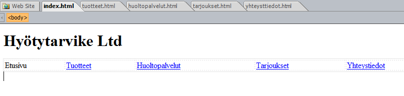 Palaa verkkosivustoeditoriin. Lisää sivustolle tiedostot: Huoltopalvelut.html Tarjoukset.html Yhteystiedot.html Linkitä sivut keskenään käyttäen vastaavaa taulukkoa kullakin sivulla.