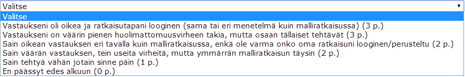 Esimerkki nettitestistä 2/2 jonka jälkeen hän näkee malliratkaisun ja arvioi itse, oliko hänen oma ratkaisunsa oikein vai puutteellinen.
