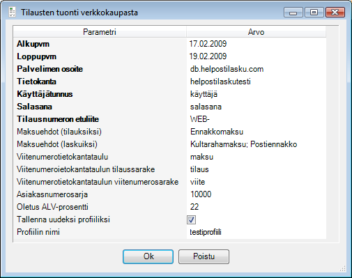 HelpostiLasku Prohon voidaan tuoda asiakkaita ja nimikkeitä Excel-tiedostoista valitsemalla ohjelmavalikosta Työkalut / Excel-tiedostot.